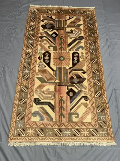 Vintage Afghan Tribal Rug 3.7x6.7 ft Handwoven Wool Geometric Pattern Carpet, Beige Brown Blue Boho Nomadic Ru