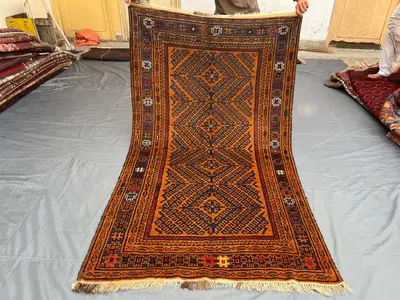 4x7.2ft Vintage Afghan Tribal Zanjiri Rug, Hand Knotted Wool Brown Orange Rug, Geometric Pattern Soft Pile Rug