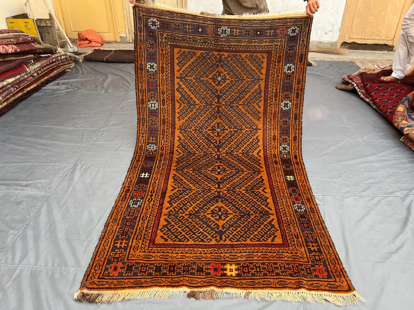 4x7.2ft Vintage Afghan Tribal Zanjiri Rug, Hand Knotted Wool Brown Orange Rug, Geometric Pattern Soft Pile Rug, Boho Farmhouse Rug Decor