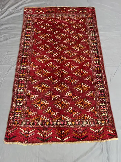 Elegant Red "4x7" ft Vintage Afghan Hand-Knotted Hariz Caucasian Rug Geometric Tribal Pattern Soft Wool Living