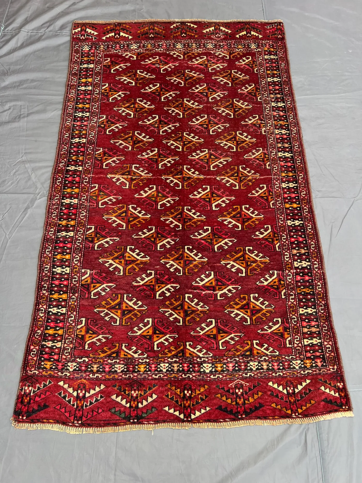 Elegant Red "4x7" ft Vintage Afghan Hand-Knotted Hariz Caucasian Rug Geometric Tribal Pattern Soft Wool Living Room Decor One-of-a-Kind