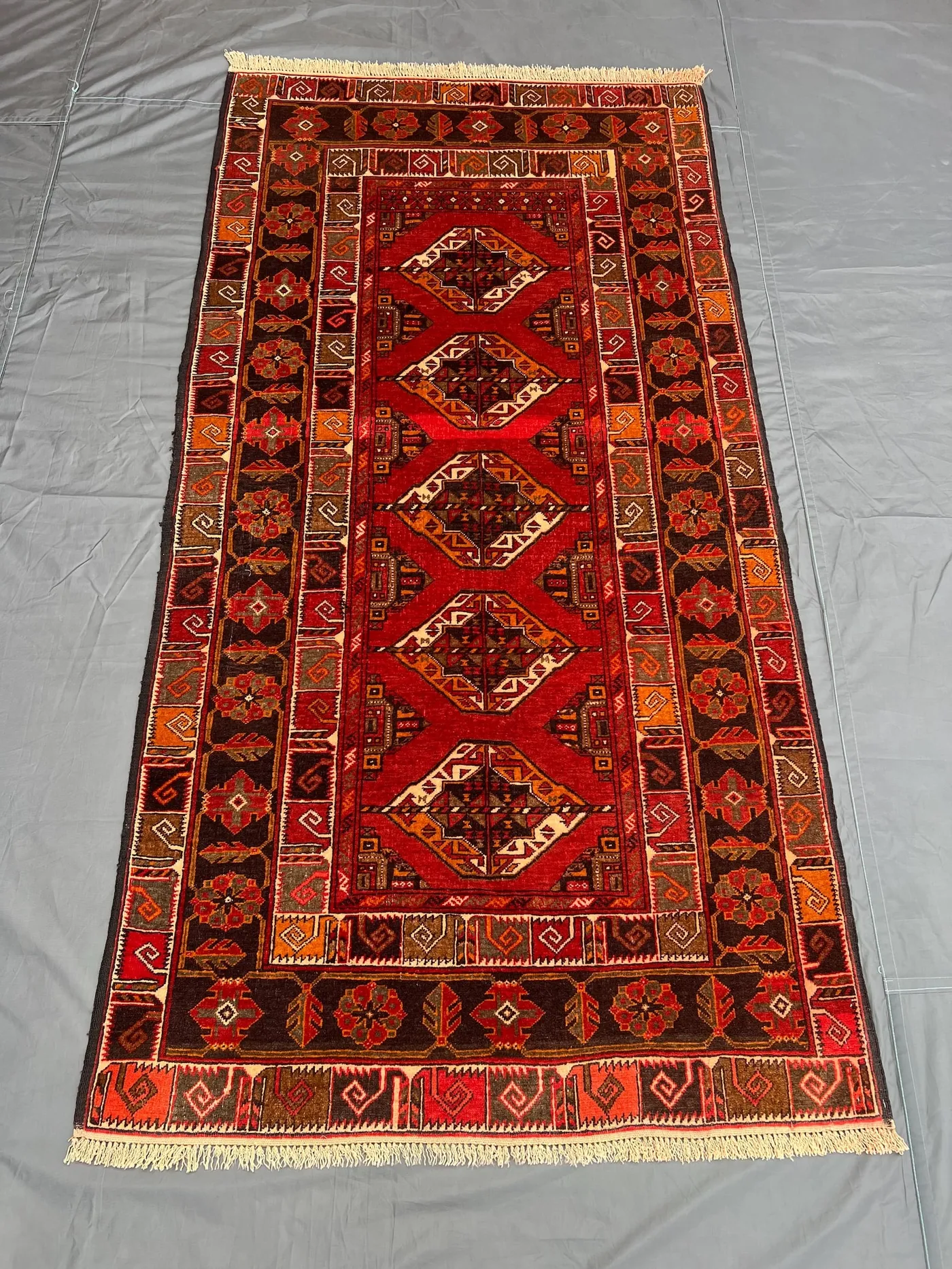 3'5" x 6'8" Vintage Turkmen Ersari Hand-Knotted Rug, Soft Wool Pile, Tribal Geometric Design, Red Brown Tones, One-of-a-Kind Boho Rug Decor