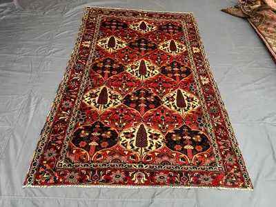 5x8 Persian-Style Bakhtiari Garden Panel Rug | Vintage Afghan Hand Knotted Wool | Red Tree of Life Compartment