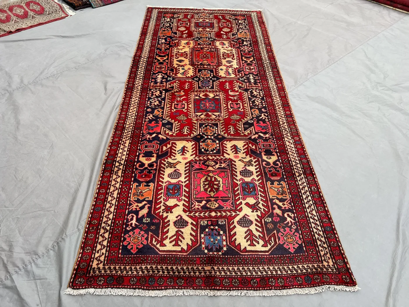 4x11 Turkish Hand-Knotted Vintage Runner, Oriental Medallion Wide Runner Rug, Soft Wool Unique Hallway Rug, Geometric Design, Red Beige Rug