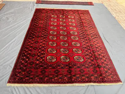 7 x 10 ft Vintage Afghan Hand Knotted Turkoman Bokhara Rug Deep Red Black Design Soft Wool One Of A Kind Large