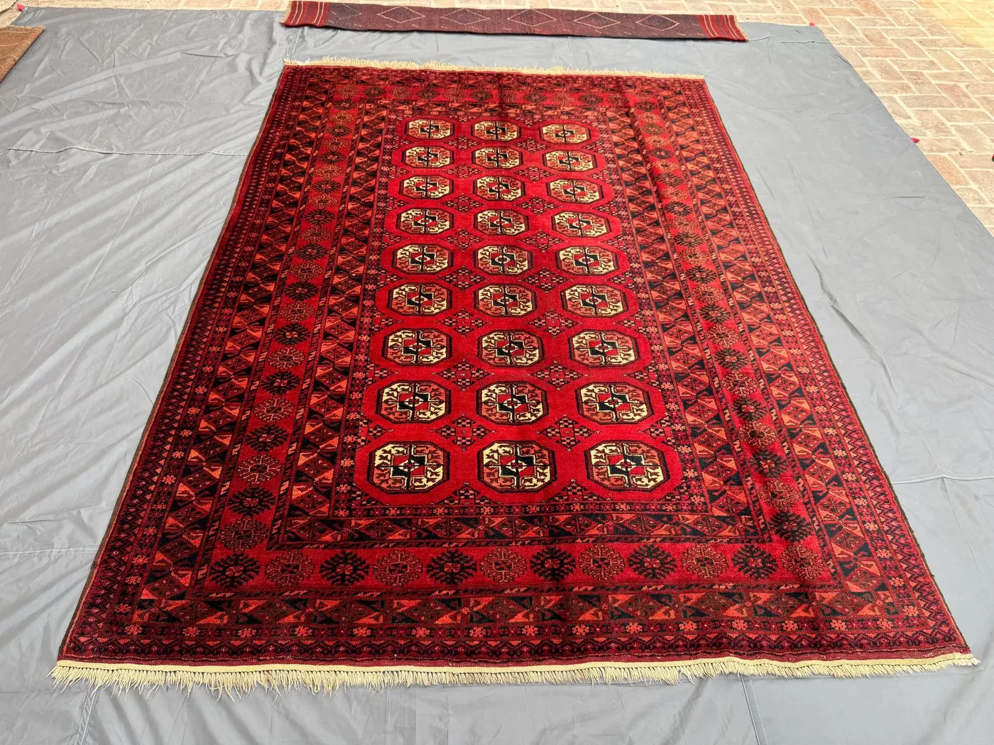 7 x 10 ft Vintage Afghan Hand Knotted Turkoman Bokhara Rug Deep Red Black Design Soft Wool One Of A Kind Large Area Rug