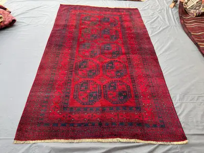 Red 6'1x9'6ft Afghan Turkoman Traditional Faded Vintage Rug, Handwoven Wool, Geometric Design, Oriental Carpet