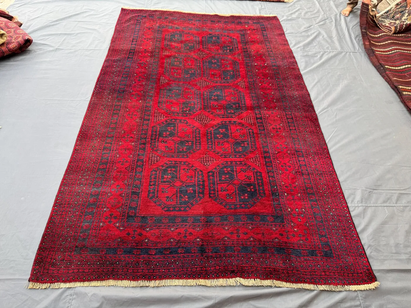 Red 6'1x9'6ft Afghan Turkoman Traditional Faded Vintage Rug, Handwoven Wool, Geometric Design, Oriental Carpet, Living Room Décor
