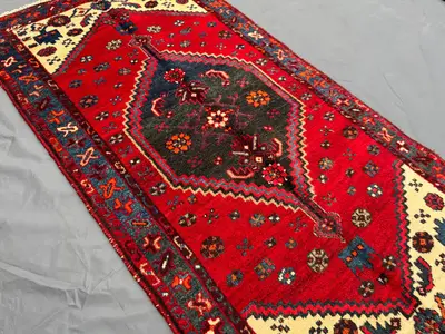 3 x 6 ft Vintage Afghan Hand Knotted Balochi Rug Red Navy Tribal Haroon Gul Design Soft Wool Rare One Of A Kin