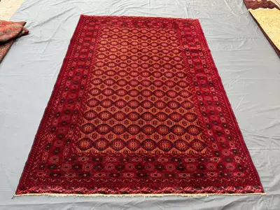 Red 6'2x9'ft Bukhara Tribal Turkoman Vintage Rug, Handwoven Wool, Geometric Design, Traditional Oriental Carpe