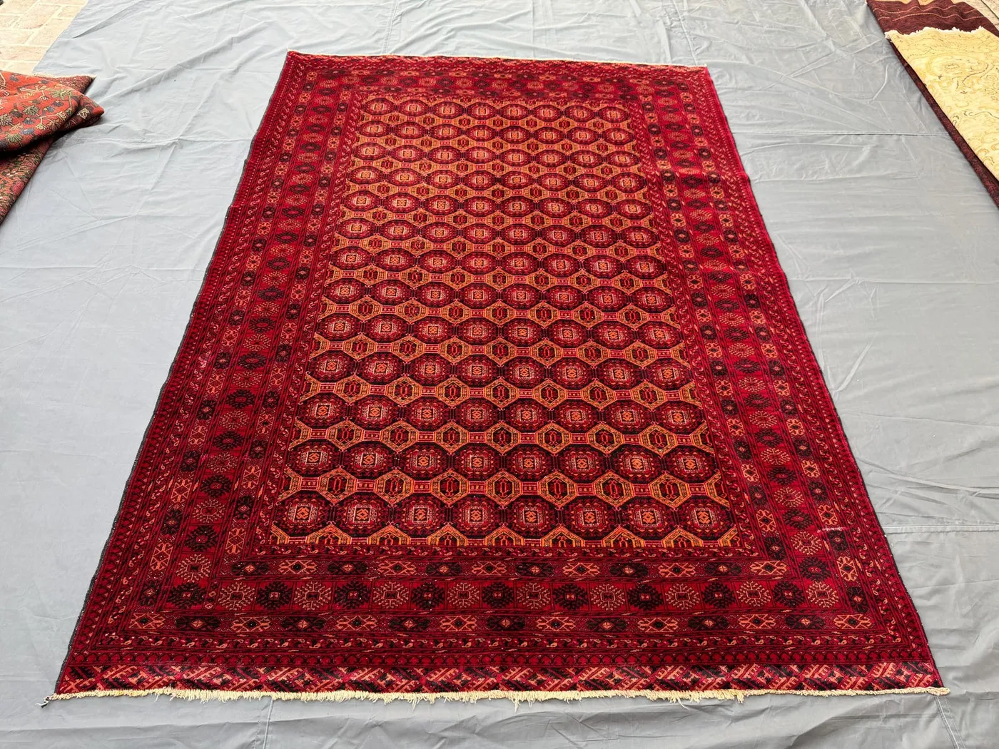 Red 6'2x9'ft Bukhara Tribal Turkoman Vintage Rug, Handwoven Wool, Geometric Design, Traditional Oriental Carpet, Living Room Décor