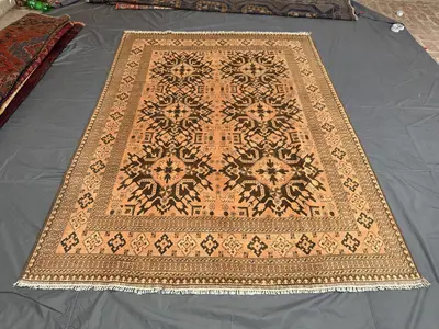 Terracotta Faded 6'9x9'5ft Traditional Medallion Bukhara Turkoman Vintage Rug, Handwoven Wool, Living Room Car