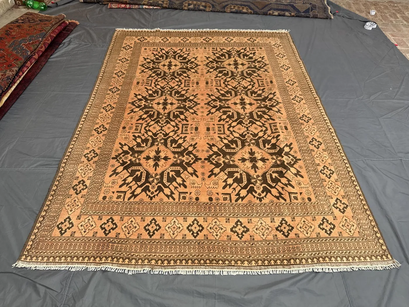 Terracotta Faded 6'9x9'5ft Traditional Medallion Bukhara Turkoman Vintage Rug, Handwoven Wool, Living Room Carpet, Antique Oriental Rug