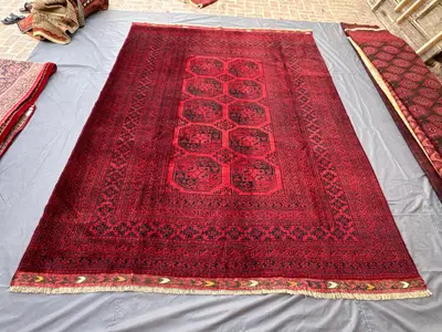 Red 8x11ft Turkoman Traditional Vintage Rug, Handwoven Wool, Geometric Design, Large Area Oriental Carpet, Liv