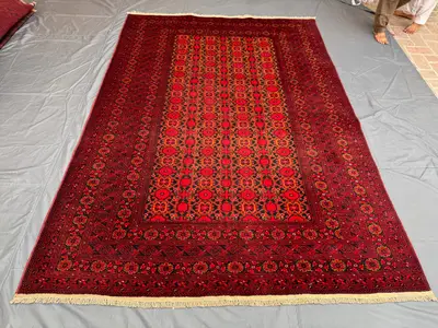 Red 6'8x9'8ft Traditional Turkoman Vintage Oriental Rug, Handwoven Wool, Geometric Design, Living Room Carpet,