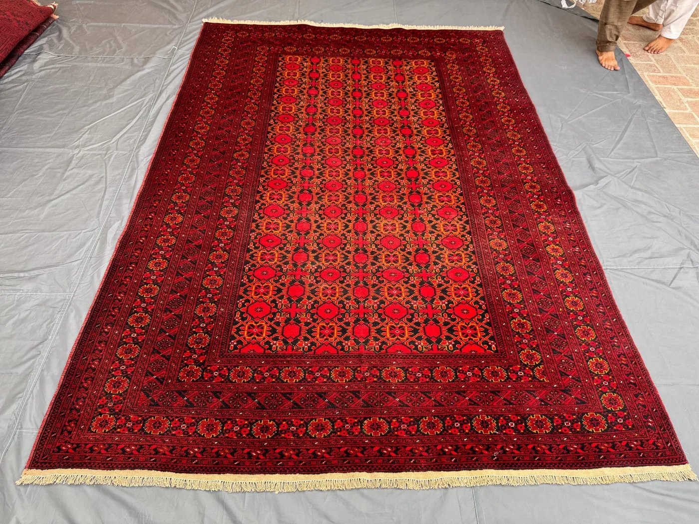 Red 6'8x9'8ft Traditional Turkoman Vintage Oriental Rug, Handwoven Wool, Geometric Design, Living Room Carpet, Decorative Area Rug