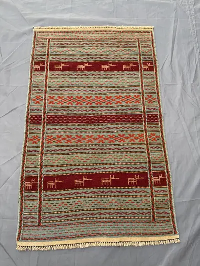 Turquoise 2'4x3'8ft Turkish Tribal Flatweave Animal Design Soft Faded Rug, Handwoven Wool, Decorative Area Rug