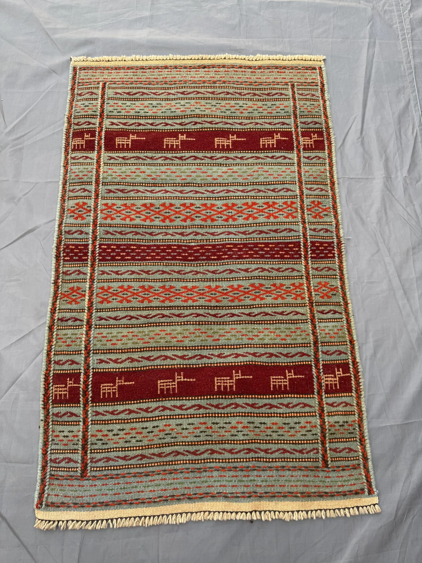 Turquoise 2'4x3'8ft Turkish Tribal Flatweave Animal Design Soft Faded Rug, Handwoven Wool, Decorative Area Rug, Small Size