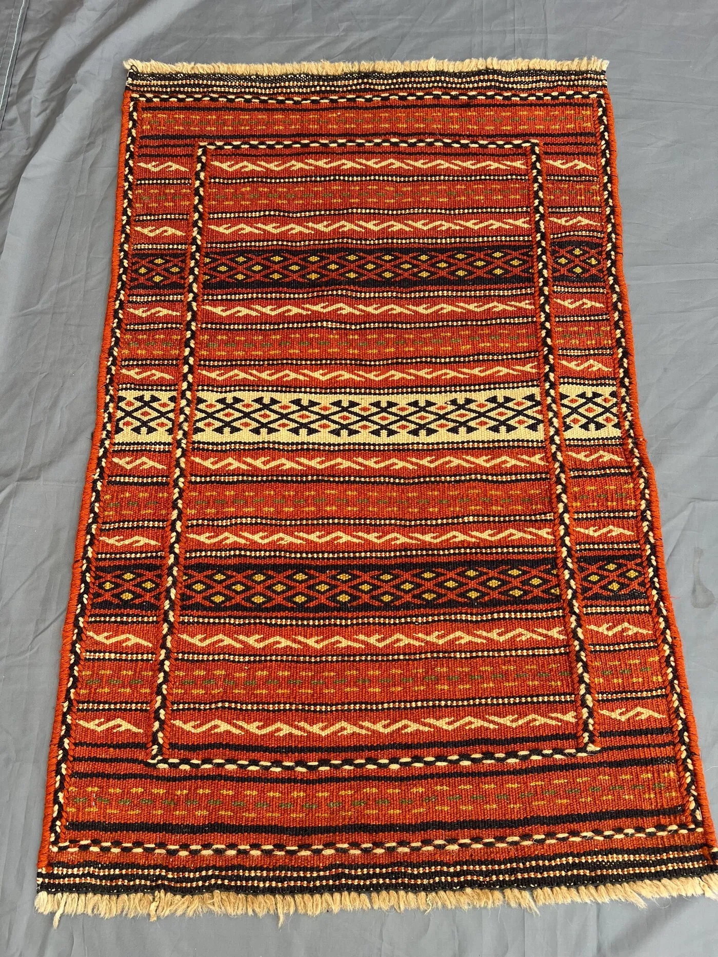 Radiant Orange "2x3" ft Handmade Afghan Sumak Kilim Rug Small Area Tribal Flatweave Geometric Design Rustic Boho Home Decor