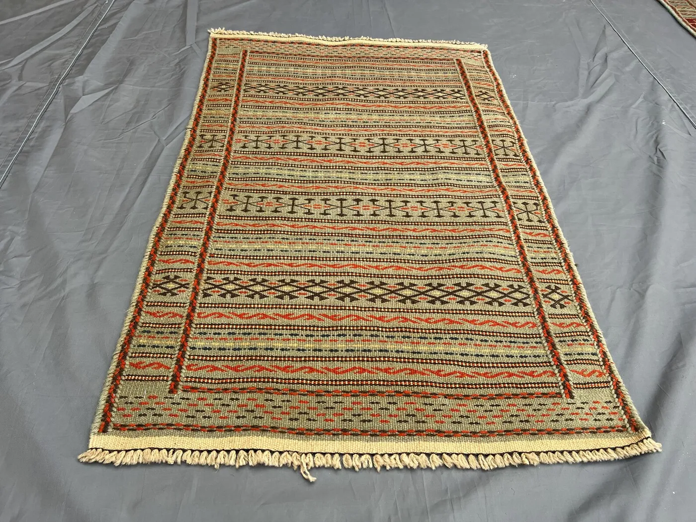 Charming Beige "2x4" ft Handmade Afghan Sumak Rug Small Tribal Flatweave Geometric Pattern Wool Accent Carpet Rustic Boho Decor