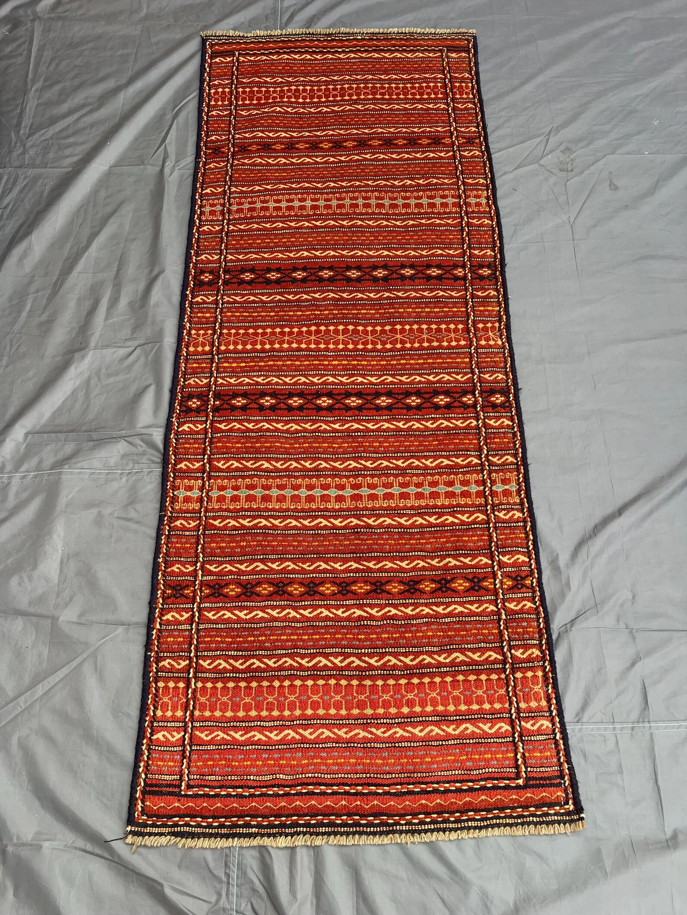 Vivid Red "3x7" ft Handwoven Afghan Sumak Runner Rug Tribal Flatweave Geometric Pattern Long Hallway Carpet Boho Wool Decor
