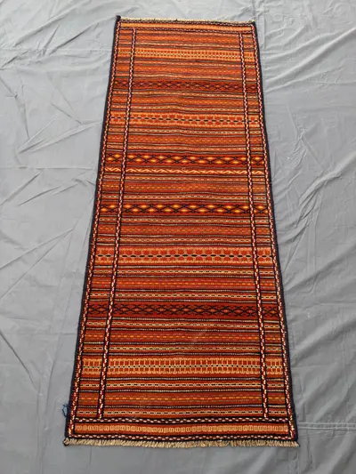 Orange 2'6x6'6ft Turkish Flatweave Entryway or Hallway Rug, Handwoven Wool, Geometric Design, Decorative Runne