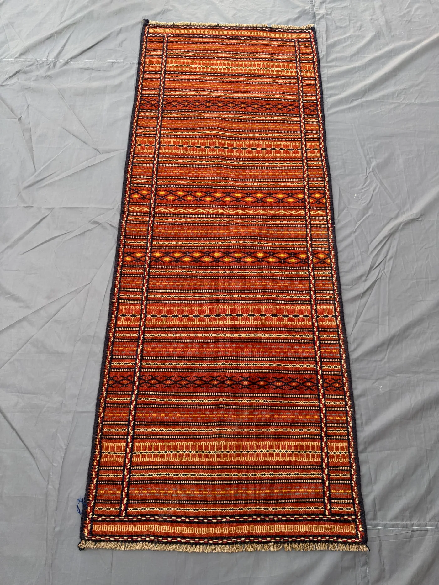 Orange 2'6x6'6ft Turkish Flatweave Entryway or Hallway Rug, Handwoven Wool, Geometric Design, Decorative Runner Rug
