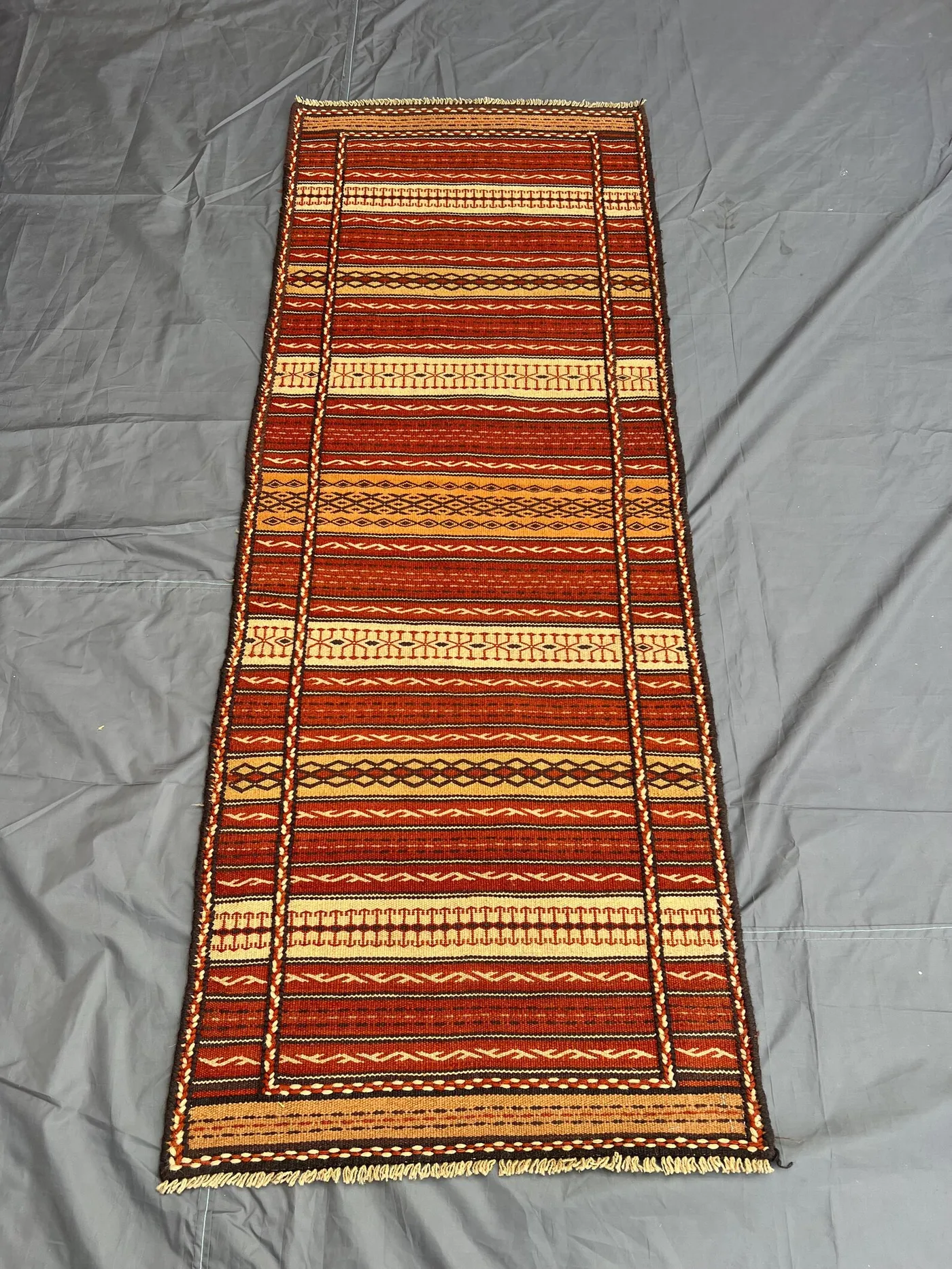 Warm Terracotta "2'5x6'7" ft Handmade Afghan Sumak Runner Rug Tribal Flatweave Geometric Design Long Hallway Carpet Boho Wool Decor