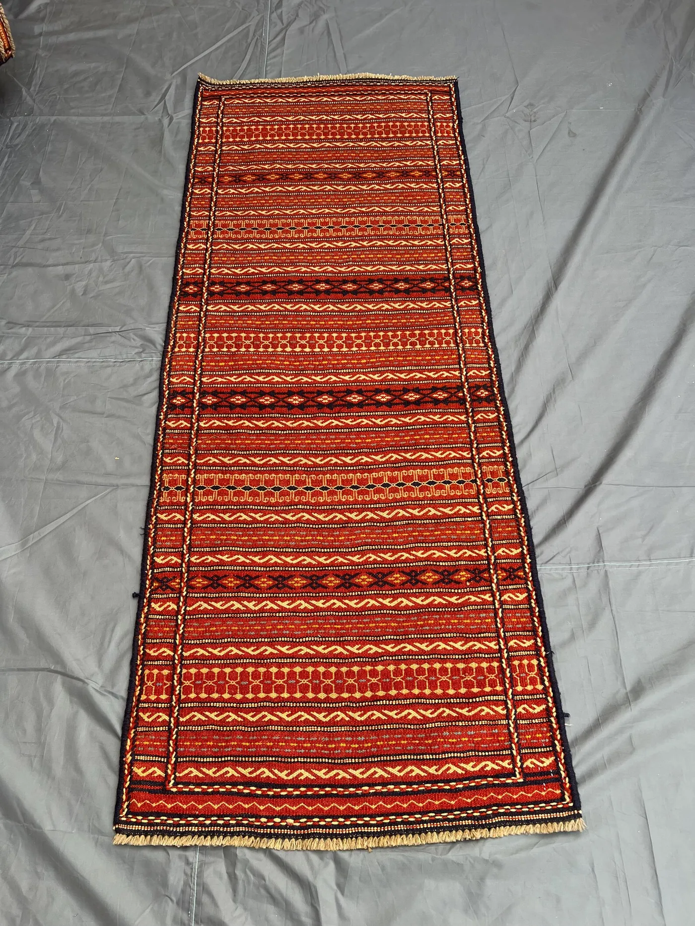 Striking Red "2'7x6'8" ft Handmade Afghan Sumak Runner Rug Tribal Flatweave Geometric Pattern Long Hallway Carpet Boho Wool Home Decor