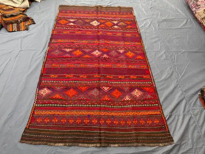 Red 4'7x8'1ft Sumak Tribal Flatweave Kilim Rug, Handwoven Wool, Geometric Design, Decorative Area Rug, Living 