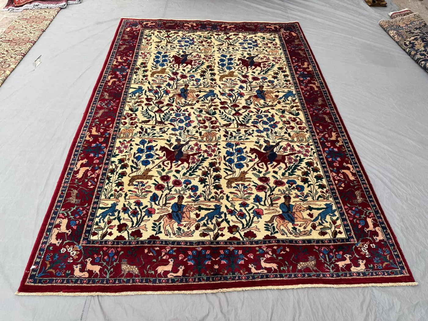 7x10 Turkish Hand-Knotted Persian-Style Hunting Garden Pictorial Rug | Vintage Wool | Man & Animal Scene
