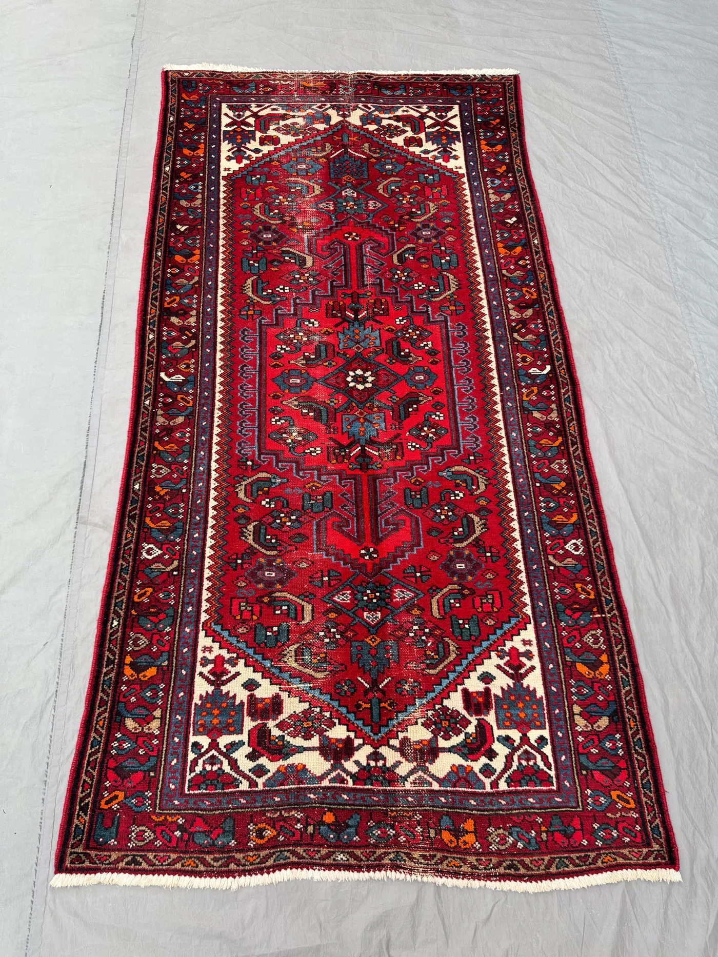 Turkish vintage distressed hand knotted rug 3.5x6.10 ft soft pile one of a kind small area rug tribal caucasian geometric design