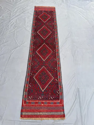 2x9 Vintage Mishwani Runner Rug, Handmade Tribal Kitchen Rug, Red, Black Soft Wool Pile, Unique Design, Orient