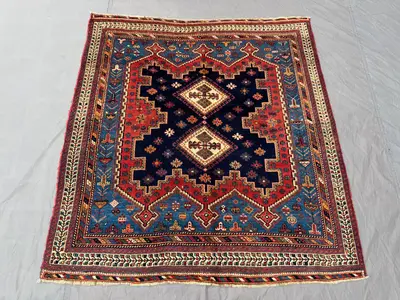 4'4x4'8 Caucasian Design Square Rug | Vintage Afghan Hand-Knotted Wool | Tribal Medallion Accent Rug