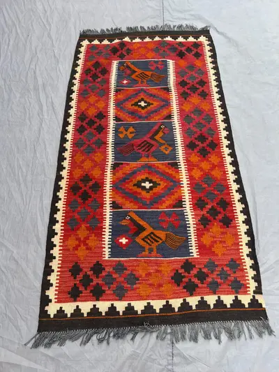 Afghan Hand-Woven Vintage Kilim | 3 x 6 ft | One-of-a-Kind Pictorial Animal Print Zanjiri Design | Flat Weave 
