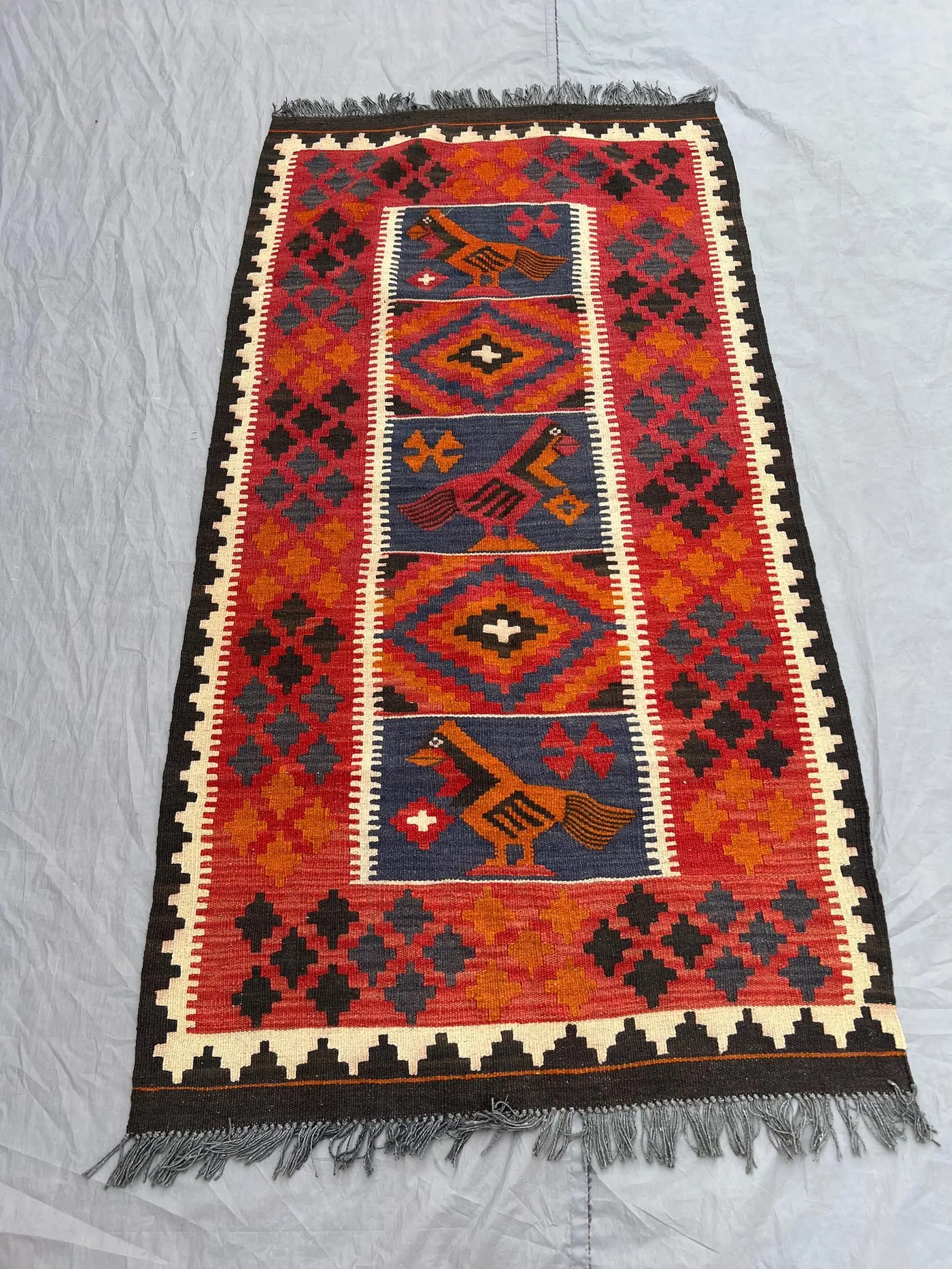 Afghan Hand-Woven Vintage Kilim | 3 x 6 ft | One-of-a-Kind Pictorial Animal Print Zanjiri Design | Flat Weave Wool Rug | Living room decor