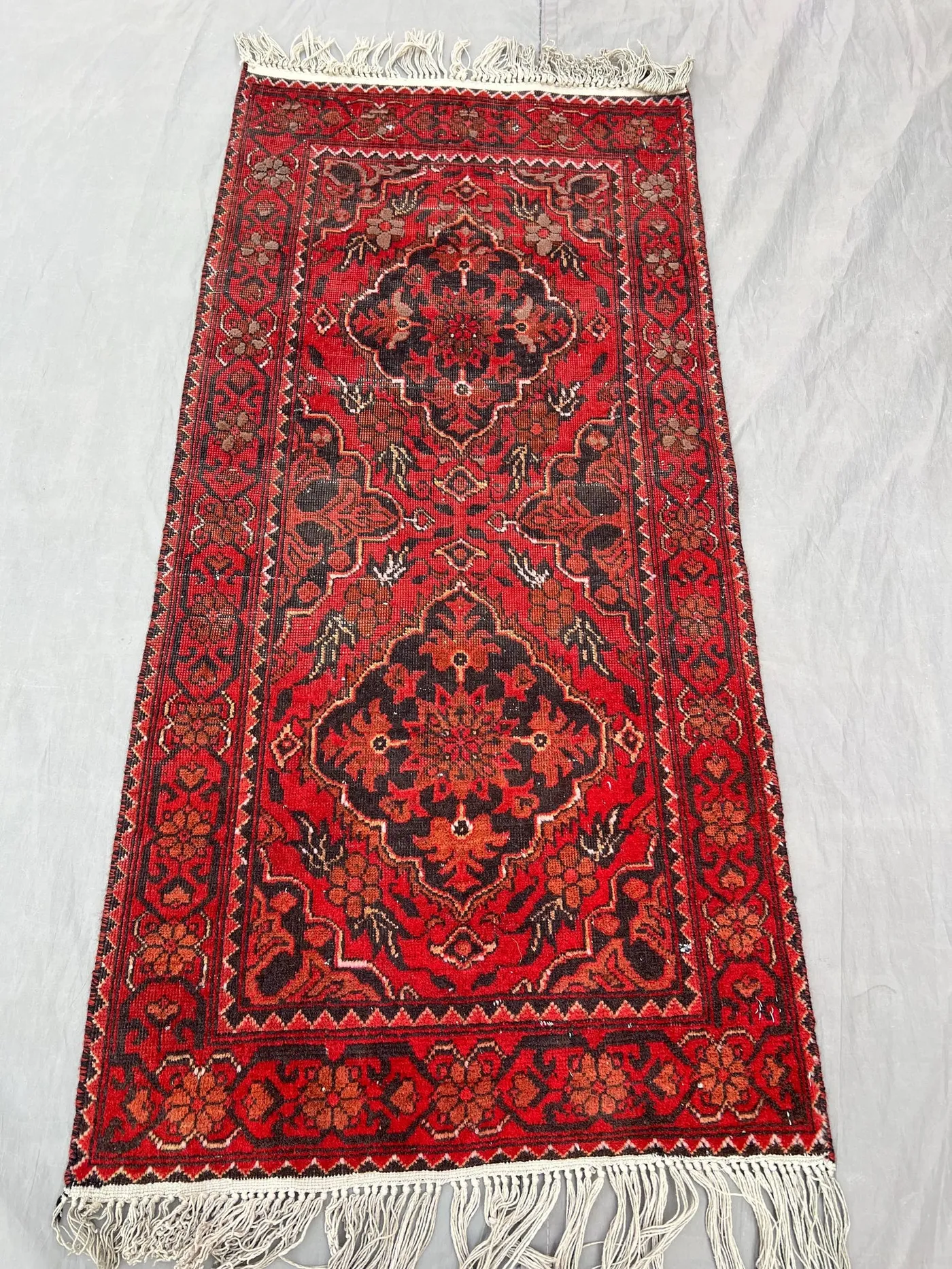 1'10 x 3'10 ft Afghan Hand-Knotted Vintage Rare Low Pile Distressed Rug Small Area Decor Rug Turkoman Ersari Design Rich Red & Navy Wool