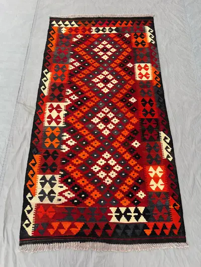 Afghan Hand-Woven Flat Weave Kilim – 3.3 x 6.5 ft Colorful Modern Faryab Design Unique Wool Carpet One of a Ki
