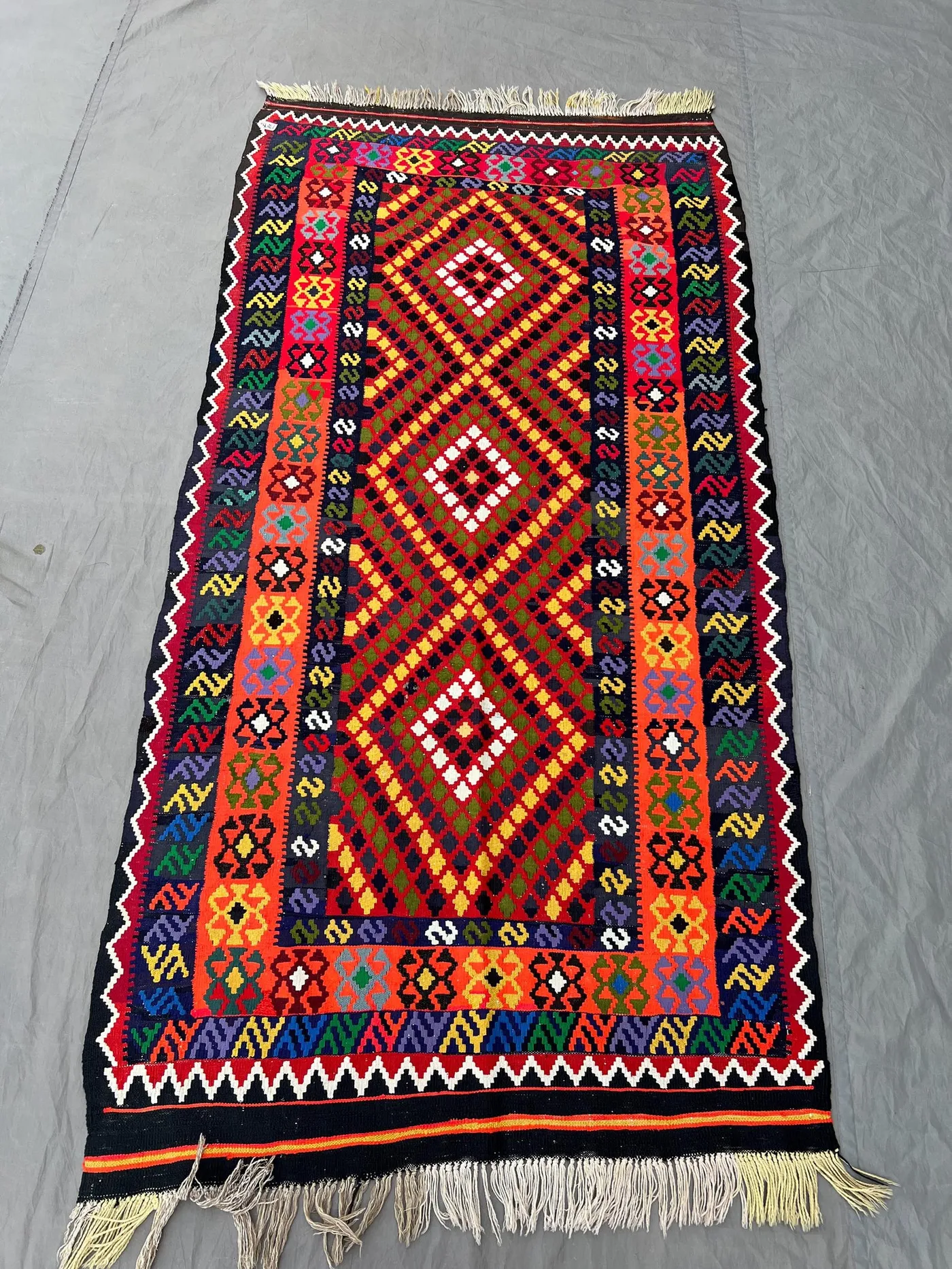 Afghan Handwoven Flat Weave Kilim Rug – 4 x 7 ft Colorful Modern Maimana Design One of a Kind Wool Rug | Living room & Farmhouse decor