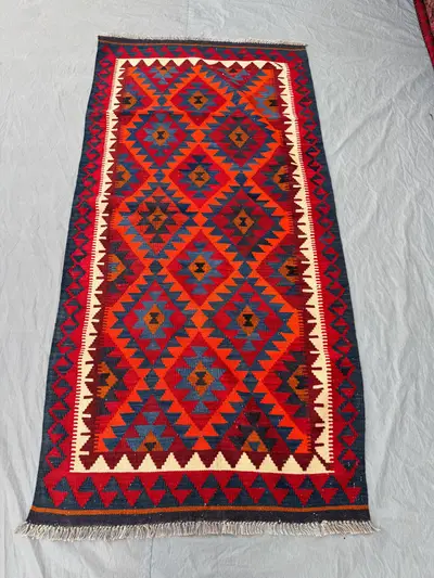 Afghan Hand-Woven Flat Weave Kilim 3 x 7 ft One of a Kind Maimana Design Authentic Handmade Geometric Pattern 