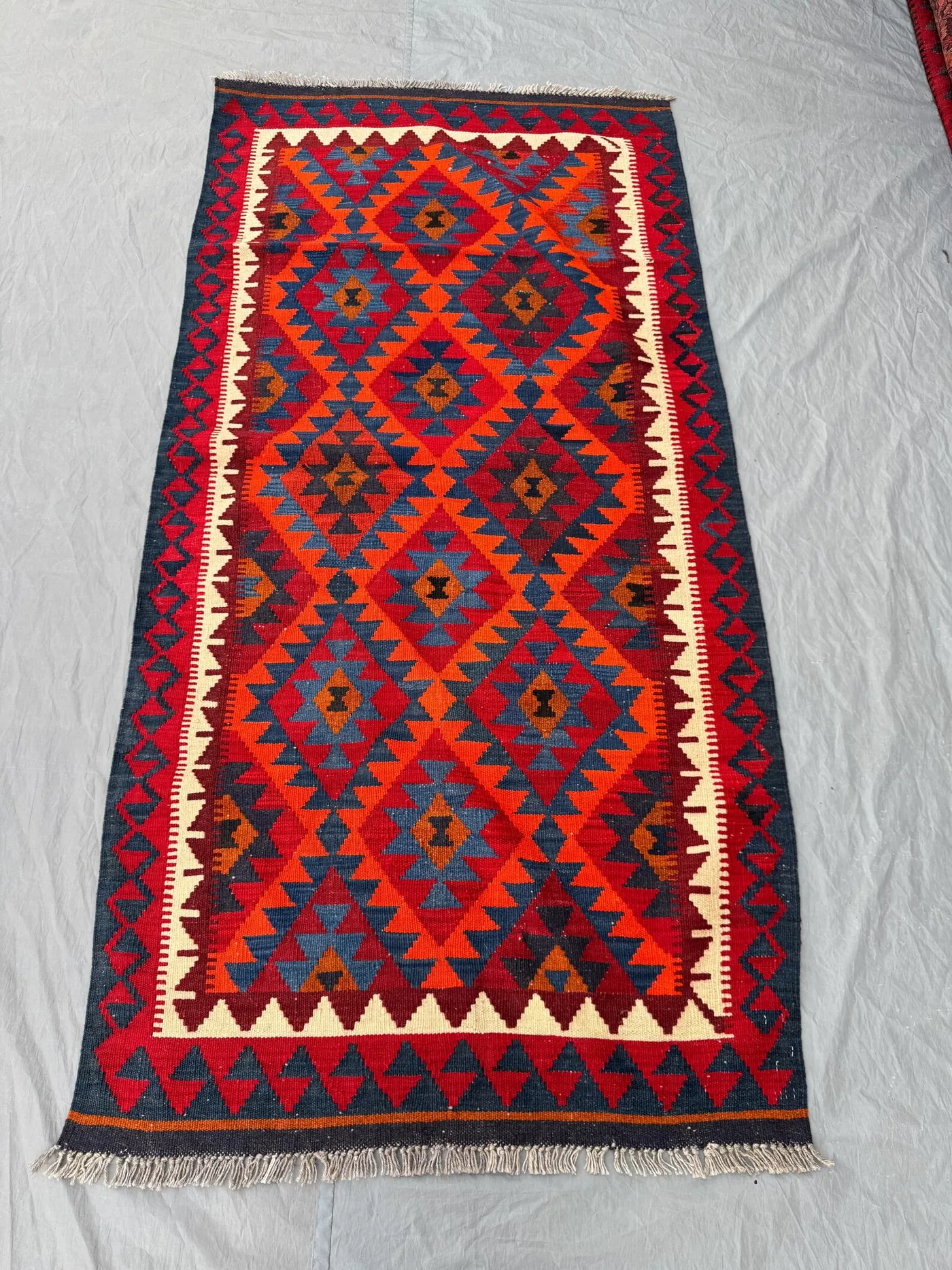 Afghan Hand-Woven Flat Weave Kilim 3 x 7 ft One of a Kind Maimana Design Authentic Handmade Geometric Pattern Wool Rug | Bedroom decor rug