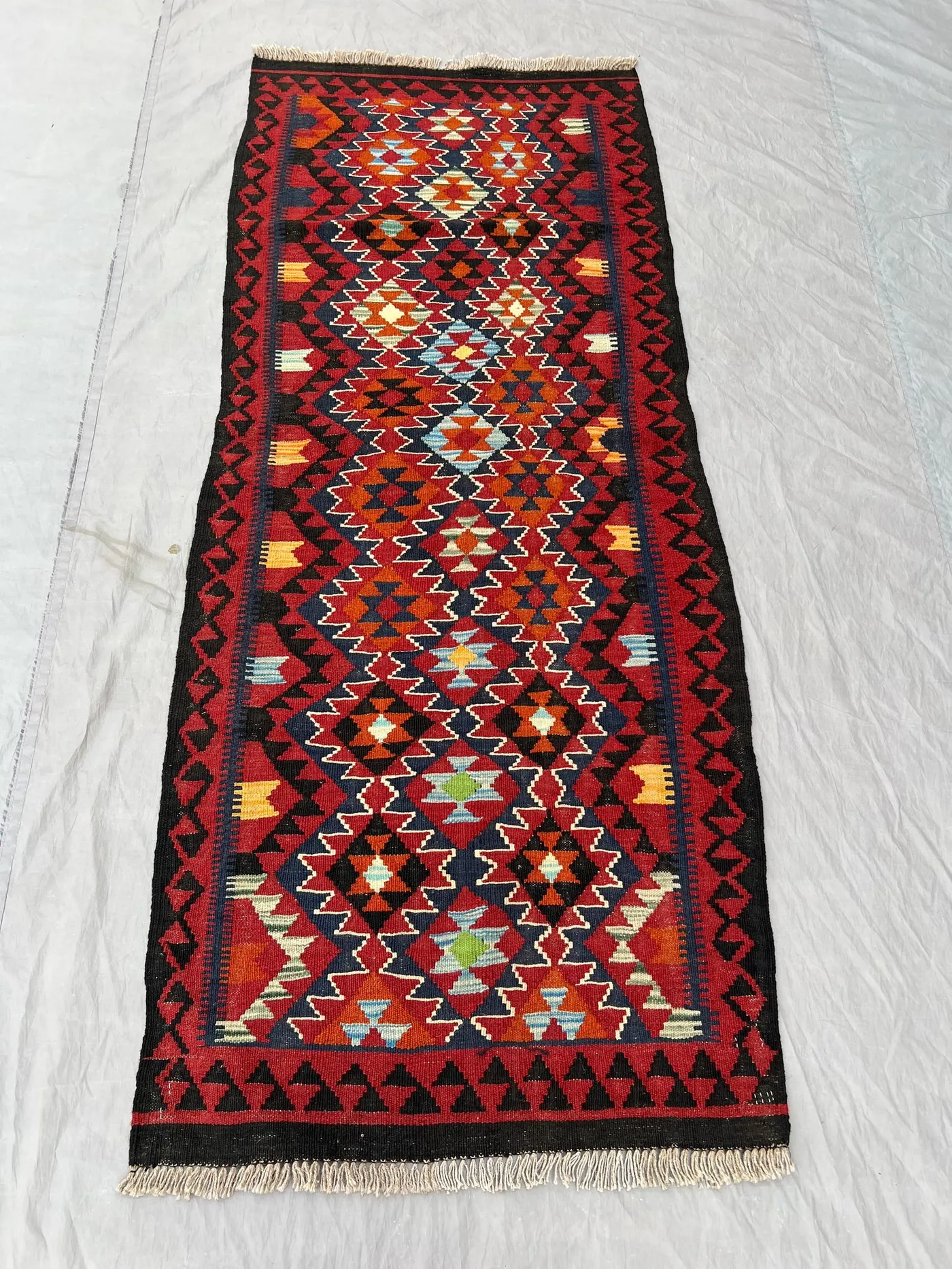 Afghan Hand-Woven Vintage Flat Weave Kilim Runner Rug – 3 x 7 ft Unique Maimana Design One of a Kind Wool Rug | Hallway & Entryway decor rug