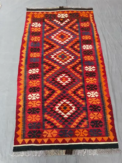 Afghan Hand-Woven Vintage Kilim | 3 x 6 ft | One-of-a-Kind Zanjiri Design | Bold Geometric Patterns Rich Red &