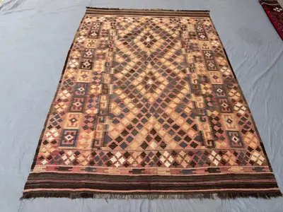 6 x 9 ft Afghan Hand Woven Vintage Kilim Terracotta Color Faded Maimana Design One-of-a-Kind Tribal Flat Weave