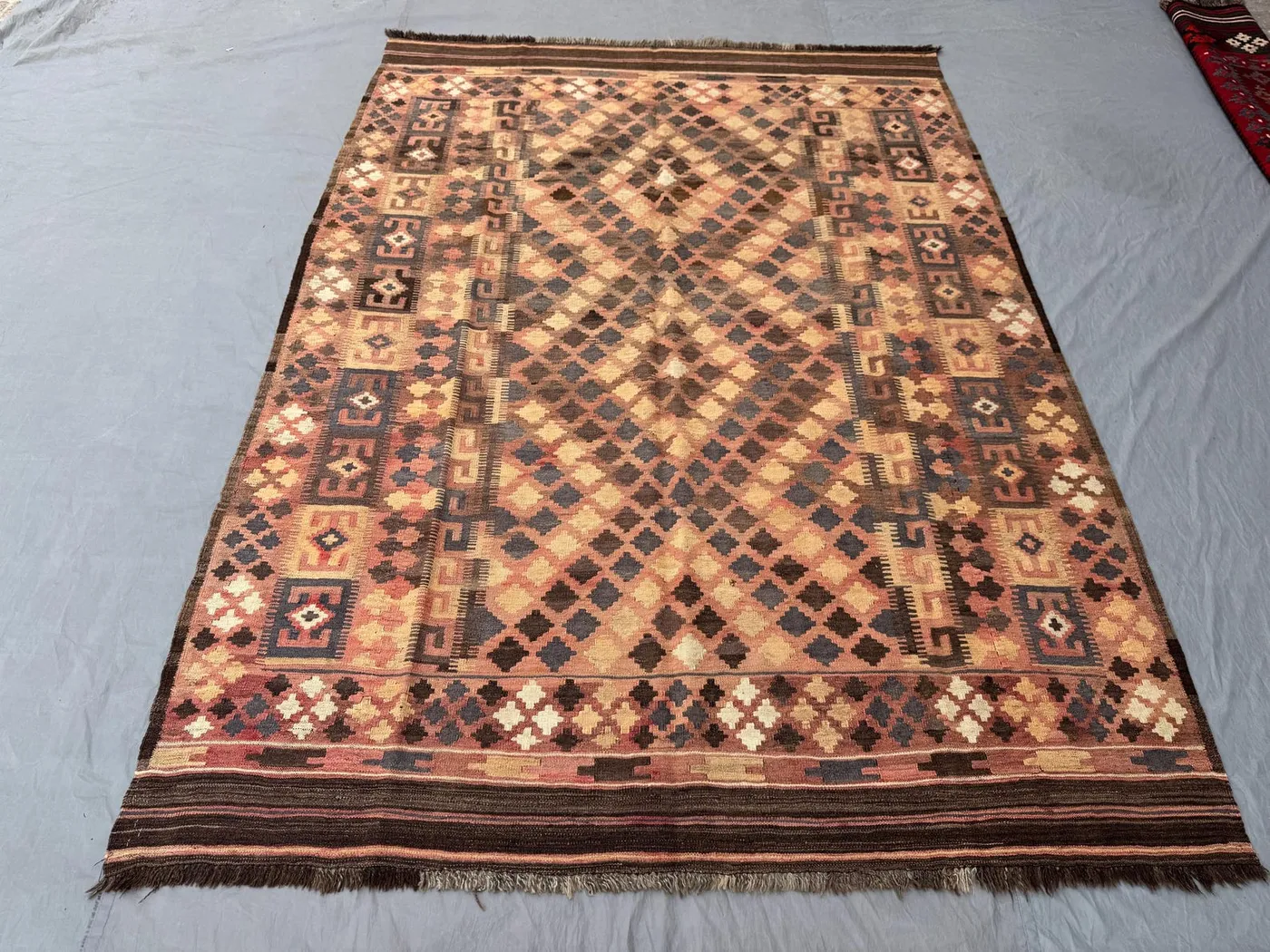 6 x 9 ft Afghan Hand Woven Vintage Kilim Terracotta Color Faded Maimana Design One-of-a-Kind Tribal Flat Weave | Living room decor rug