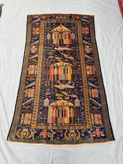 Vintage Turkish Caucasian Rug 3.8x6.7 ft | Hand-Knotted Wool Tribal Runner | Navy Blue One-of-a-Kind 1970s Pic