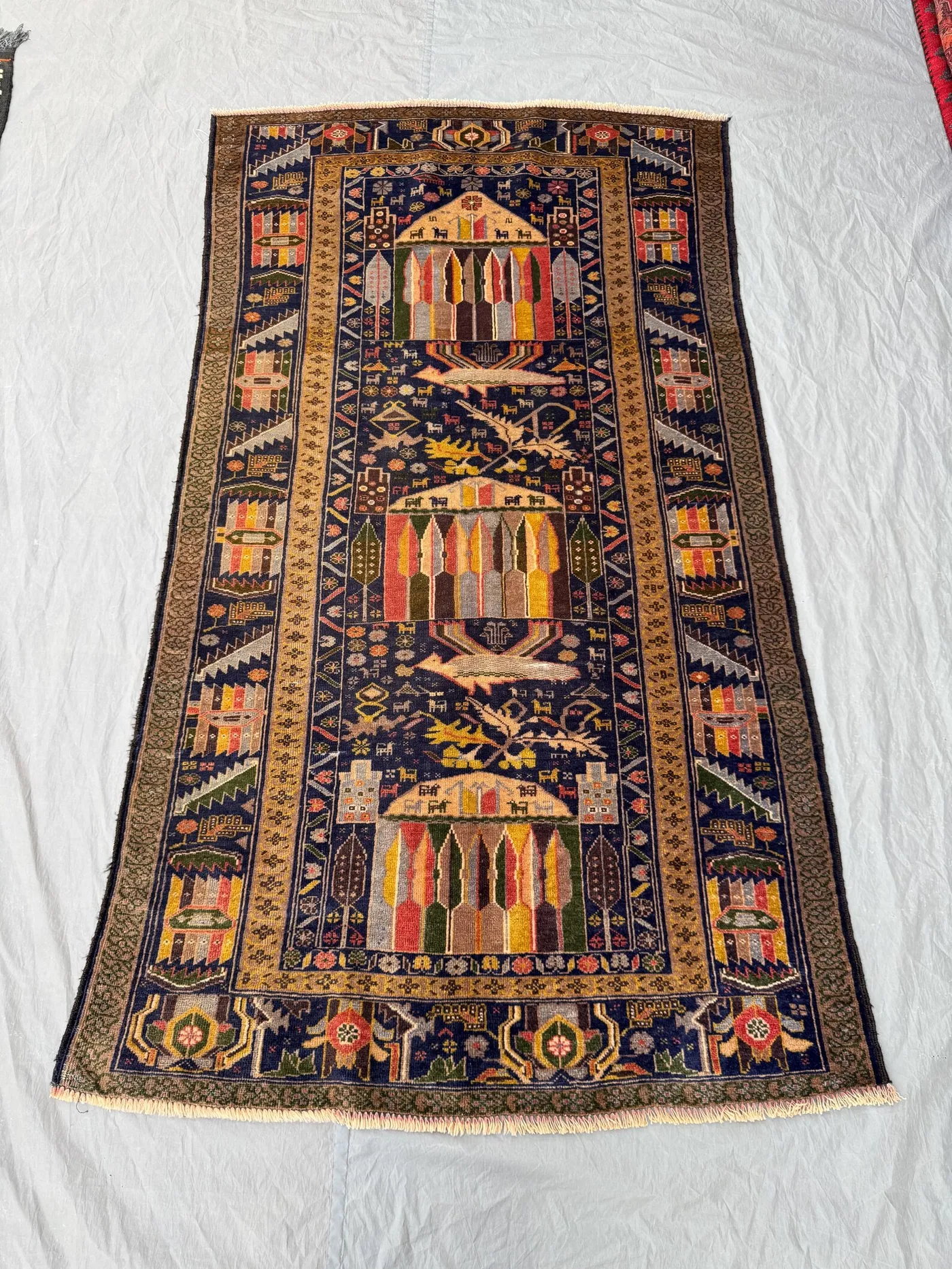 Vintage Turkish Caucasian Rug 3.8x6.7 ft | Hand-Knotted Wool Tribal Runner | Navy Blue One-of-a-Kind 1970s Pictorial Village Scene