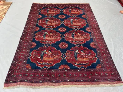 6'6 x 8'11 ft Afghan Hand-Knotted Vintage Balochi Rug, Rare Soft Pile, One-of-a-Kind Pictorial Design with Man
