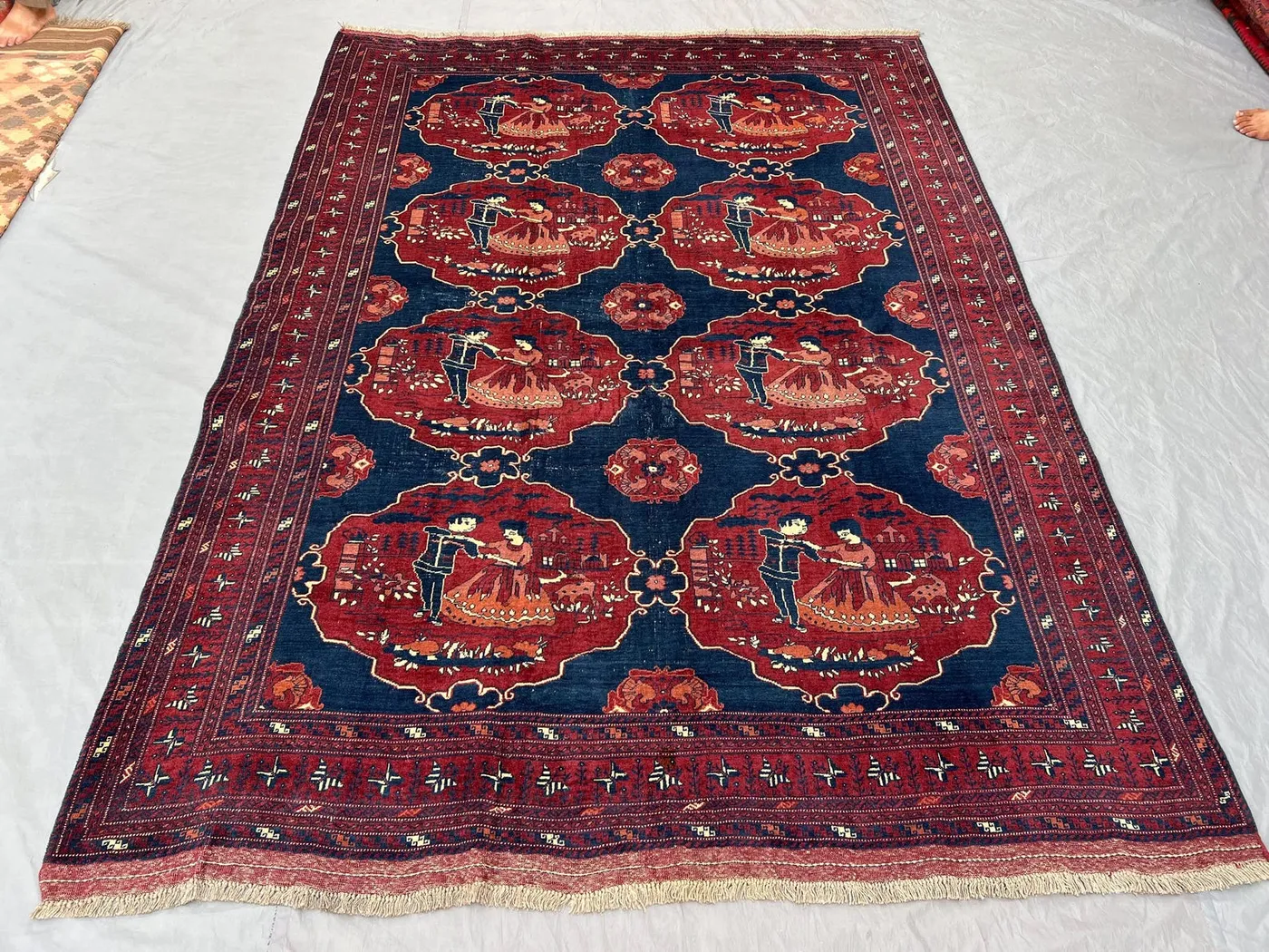 6'6 x 8'11 ft Afghan Hand-Knotted Vintage Balochi Rug, Rare Soft Pile, One-of-a-Kind Pictorial Design with Man & Animal Print