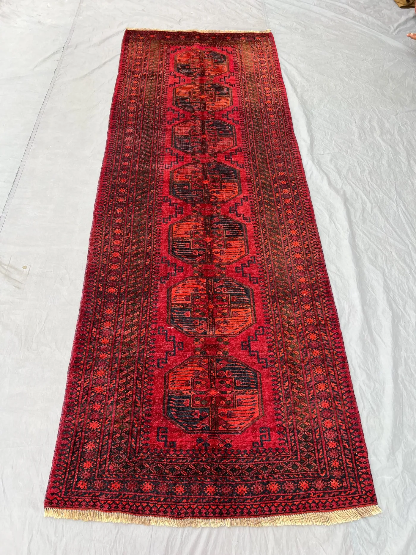 4 x 10 ft Afghan Hand-Knotted Vintage Soft Pile Rug Rare Turkoman Bokhara Design One-of-a-Kind Wide Runner Rich Red & Black Hues